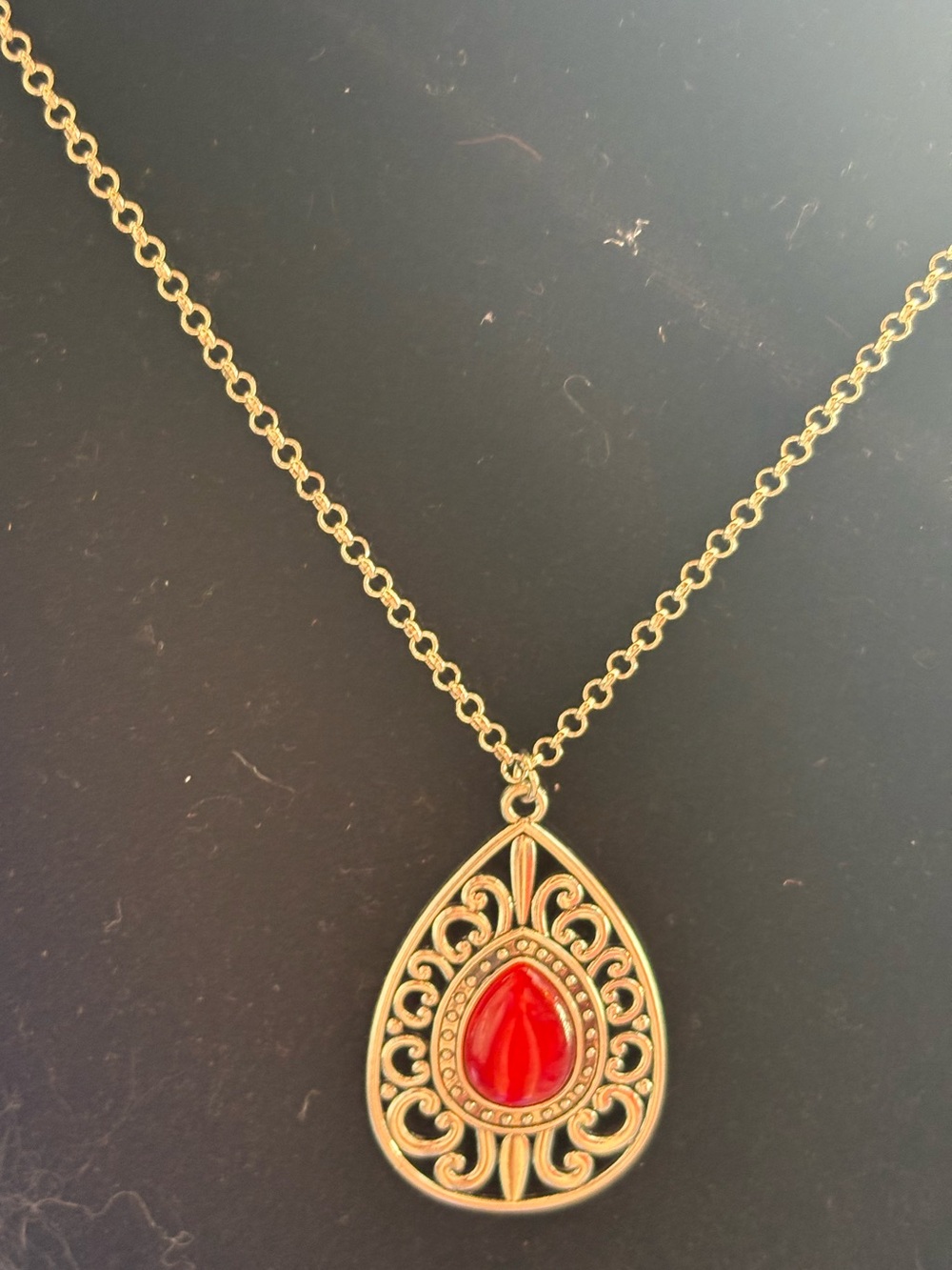 Long Silver Teardrop Pendant Necklace with Red Stone